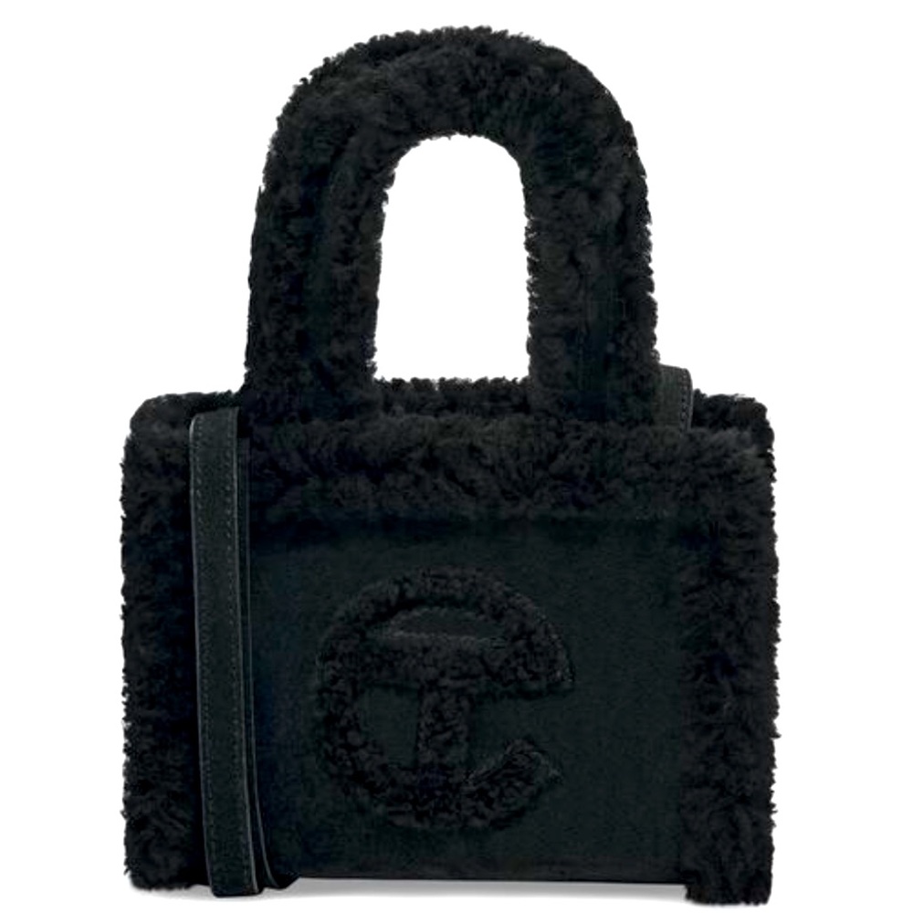 UGG X TELFAR Small Shopper Crossbody Bag in Black Suede with Shearling Trim